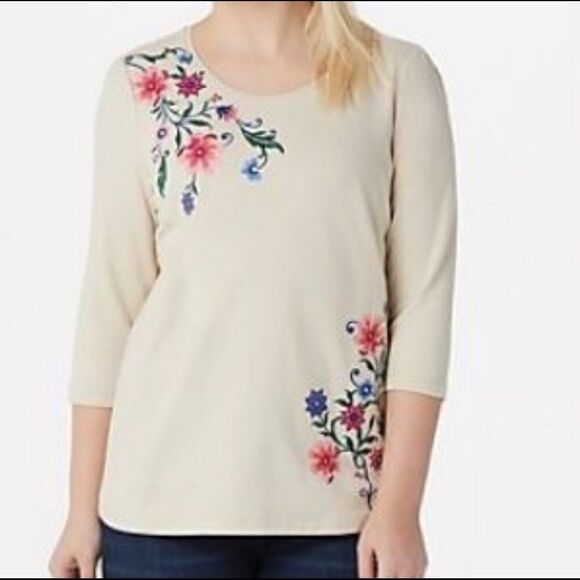 Denim & Co. French Terry 3/4-Sleeve Embroidery Top - Picture 1 of 4